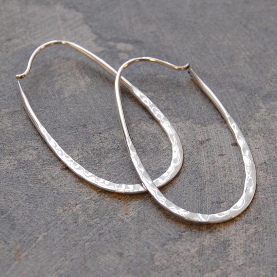 Large Hammered Oval Hoop Earrings In Sterling Silver Reppin Oval Battered Silver Hoop Earrings